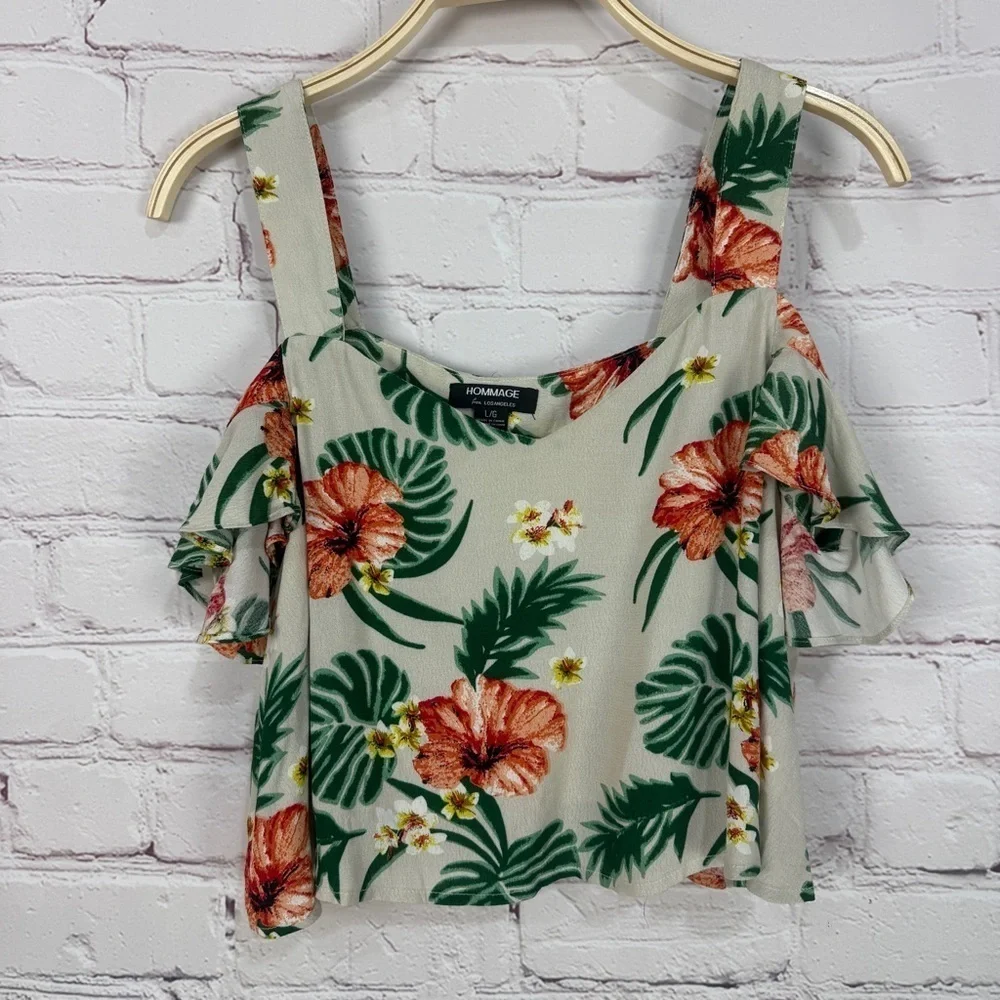 Hommage Los Angeles Floral Two Piece Set size L Tropical Crop Top Resortwear